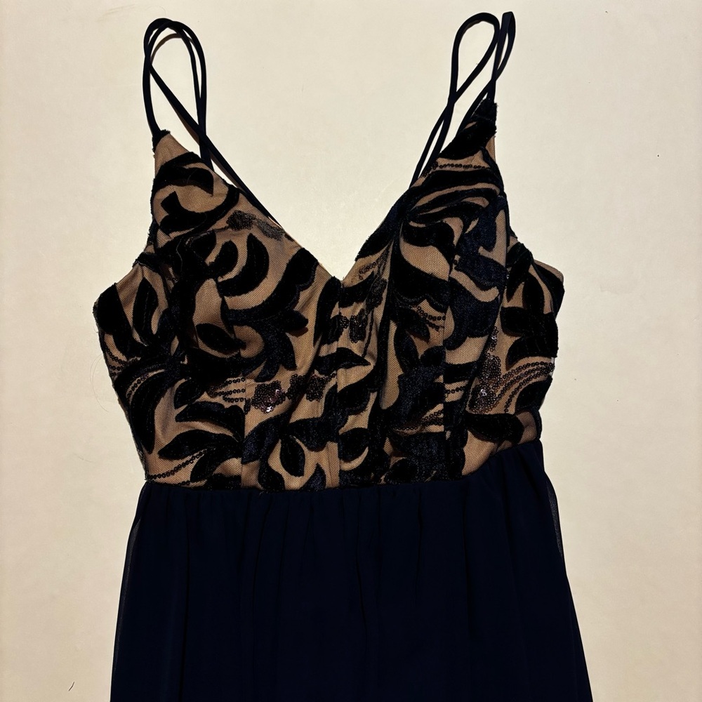 city triangles nude and navy prom dress